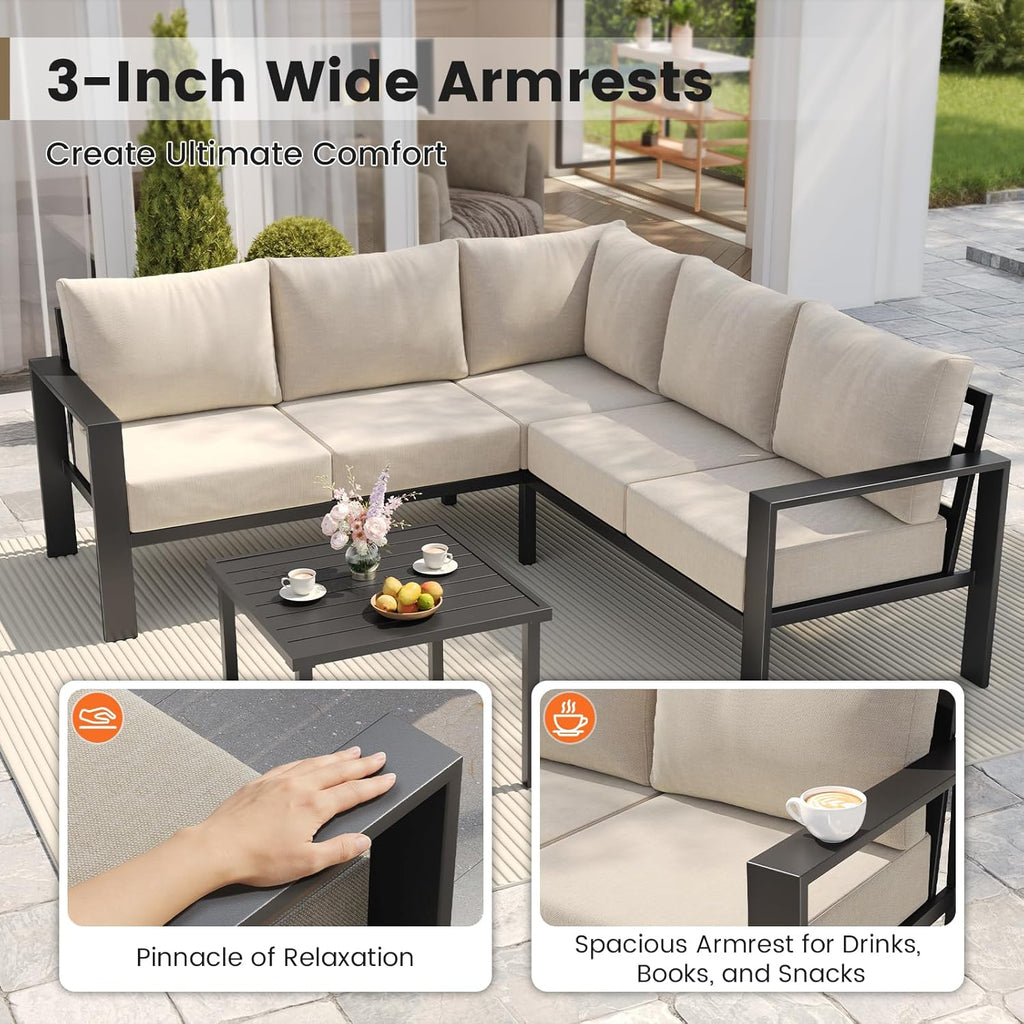 6-Piece L Shaped Outdoor Sectional Sofa, 6" Thick Cushion | Olefin Fabric Fade Resistant, Wide Armrest & Coffee