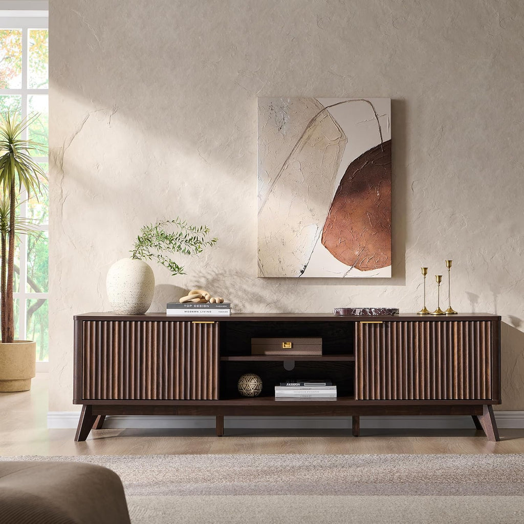70" Mid Century Modern Fluted TV Stand, Entertainment Center, Sideboard, Media Console for Living Room with 2 Soft