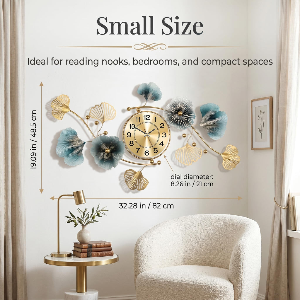 33" 3D Ginkgo Leaf Metal Wall Clock Wall Decor