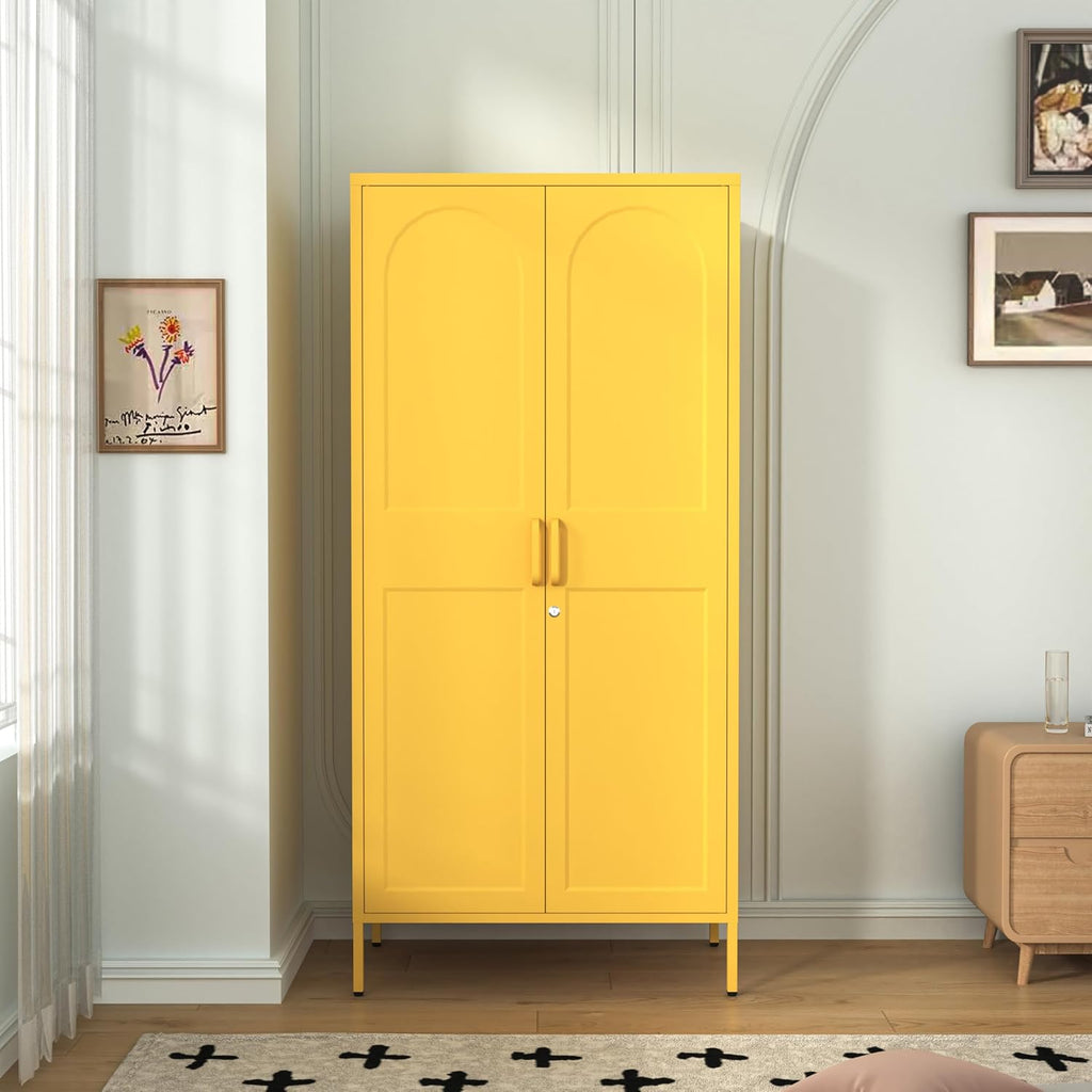 Yellow Lockable Armoire Wardrobe Closet Storage Cabinet with Hanging Rod, 67" Metal Wardrobe Cabinet with 2 Doors and