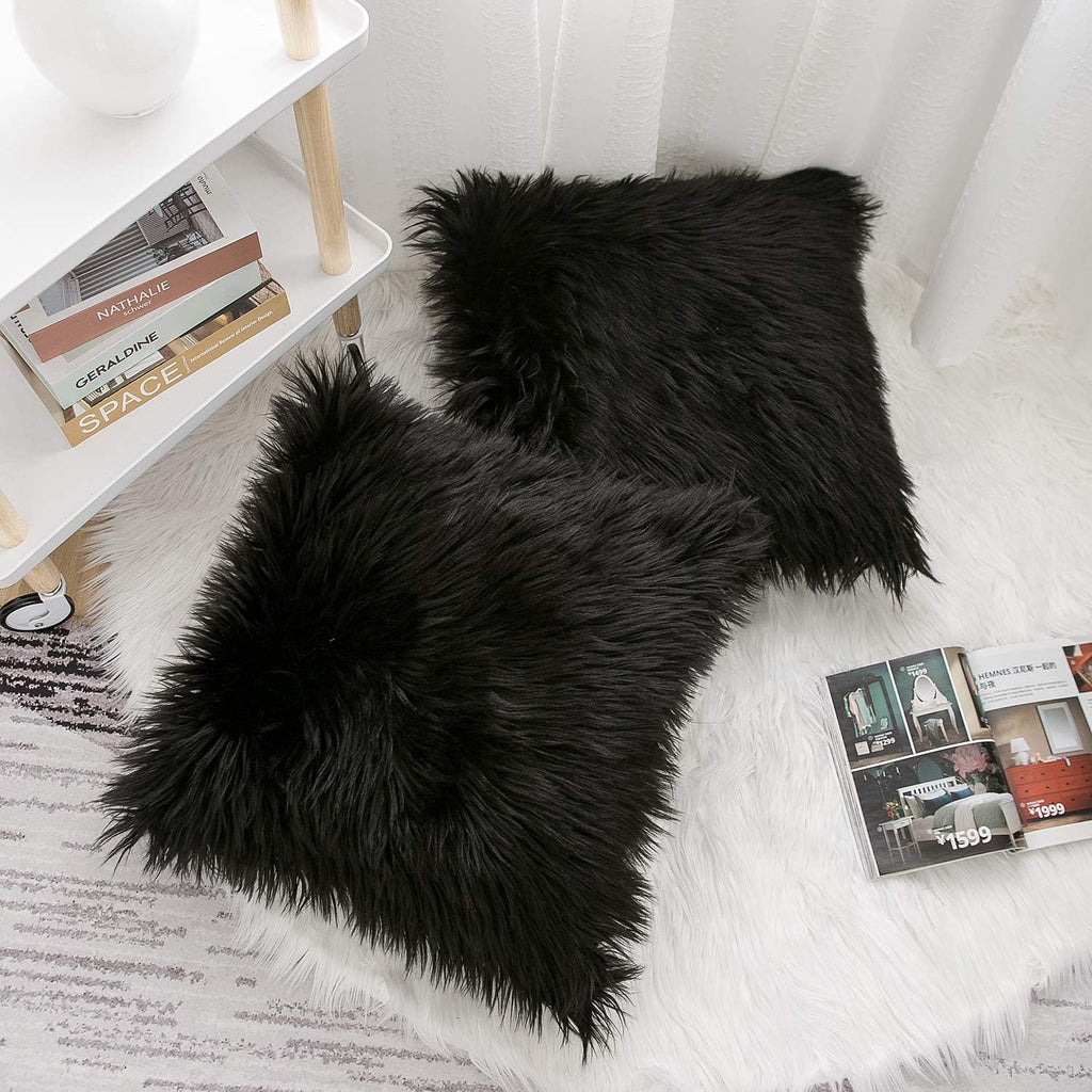 Black Faux Fur Throw Pillow Covers 18x18 Inch Set of 2, Luxury Fluffy Shaggy Plush Cushion Cases, Soft Fuzzy Pillow