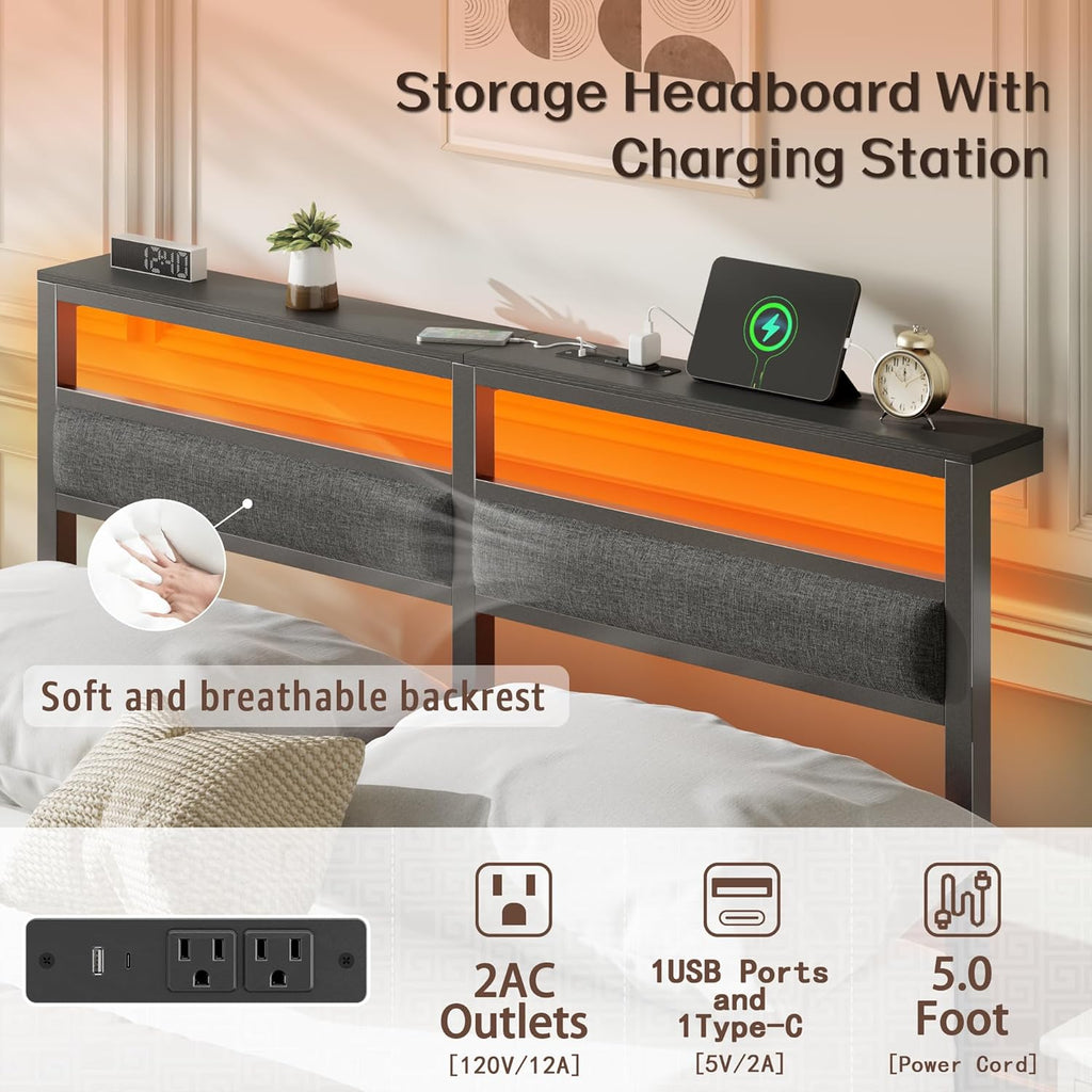 Full Bed Frame with Headboard, Bed Frame Full with LED Light and Charging Station