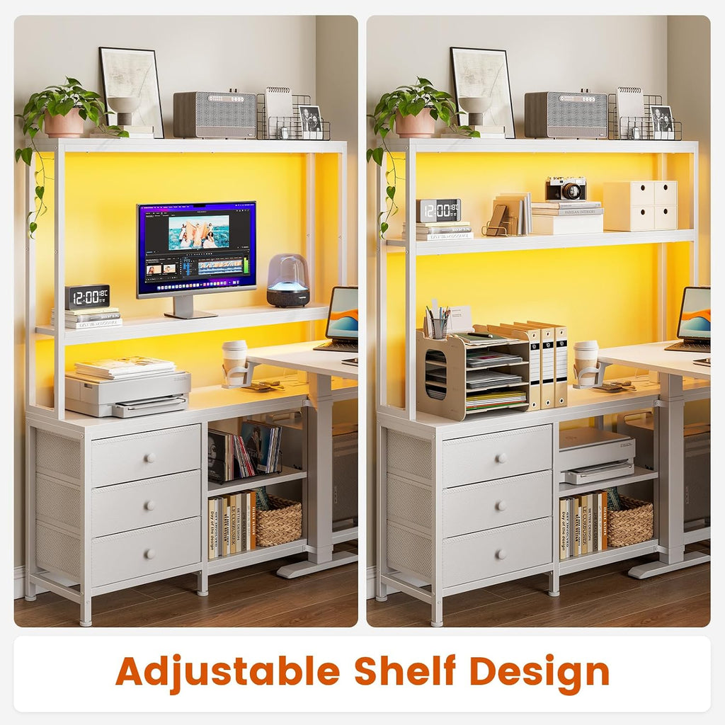 65Inch White L Shaped Standing Desk with Drawers and Hutch | Charging Station, RGB LED lights, Reversible Desk, File