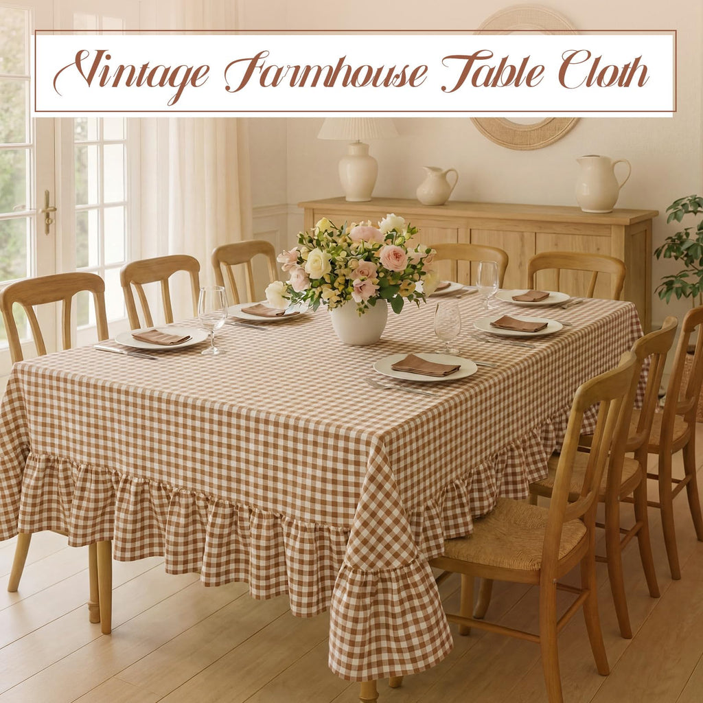 Brown Ruffled Gingham Tablecloth, 52 x 70 Inches, Rectangle