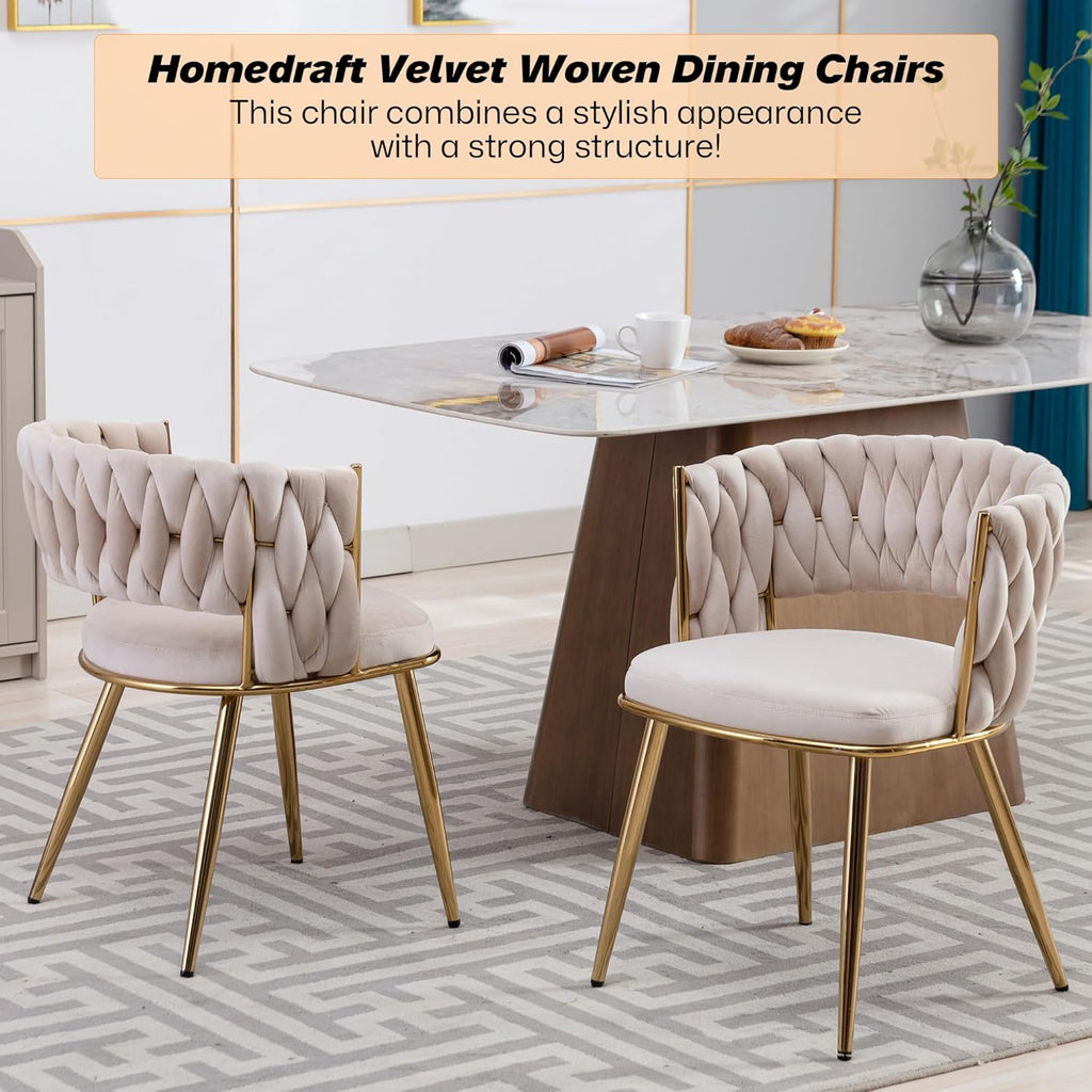 Velvet Woven Dining Chairs Set of 2, Modern Hand Weaving Dining Chair with Hollowed Backrest, Upholstered Club Chairs