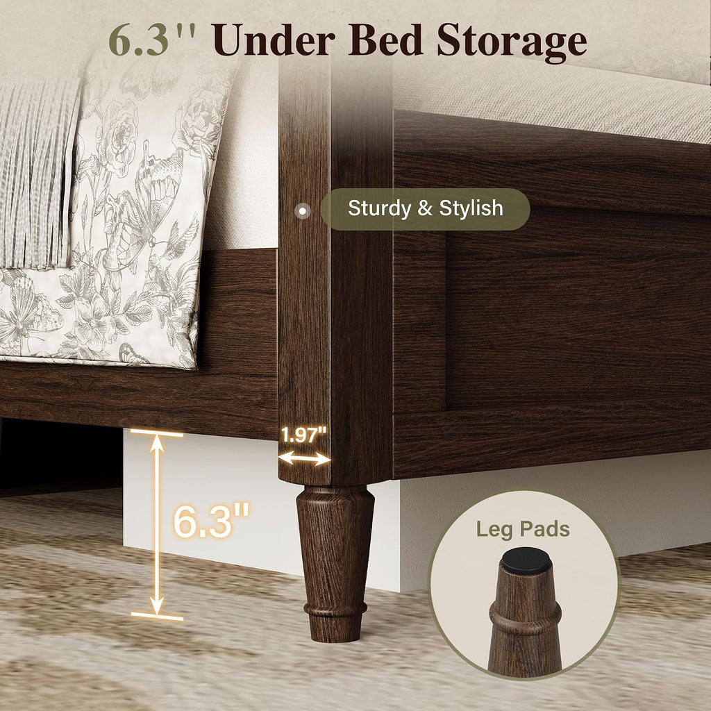 Classic Four-Poster King Bed Frame with Curved Headboard, Walnut Wood