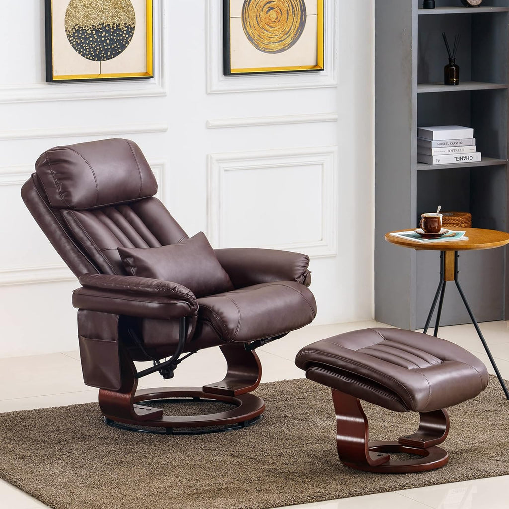 Modern Reclining Swivel Lounge Chair and Ottoman — Brown Faux Leather
