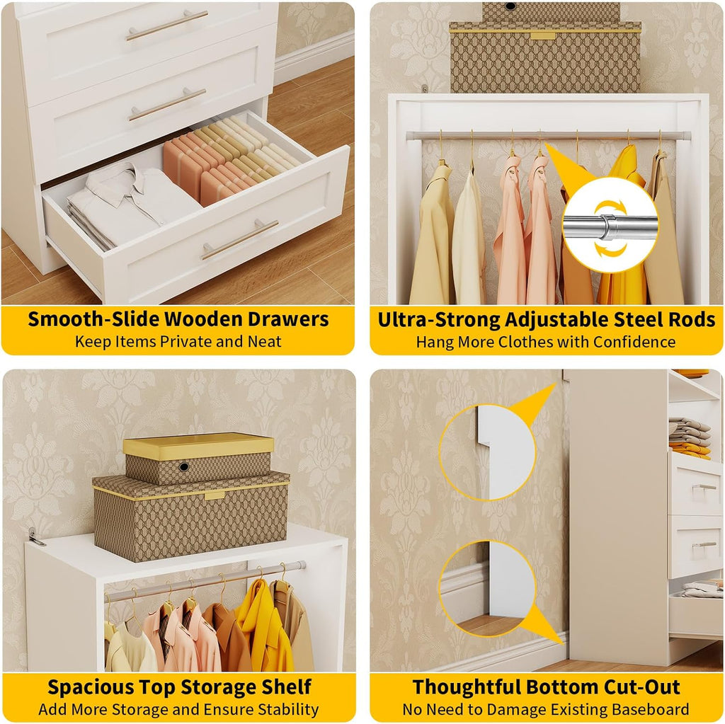 Closet System Set of 4, 8FT-21FT Walk in Closet System with 12 Drawers & 8 Adjustable Hanging Rods, Custom Closet