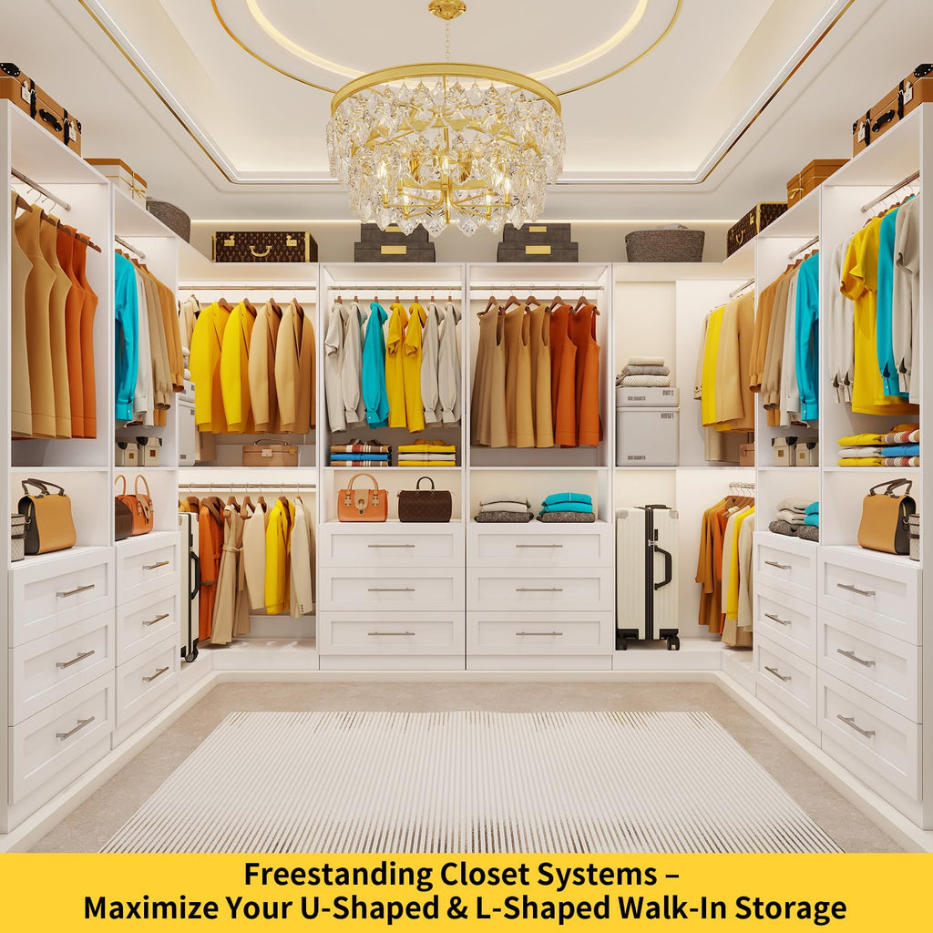 Closet System with 9 Drawers, Corner Closet Organizer System with 9 Hanging Rods Walk in Wooden Modular Closet