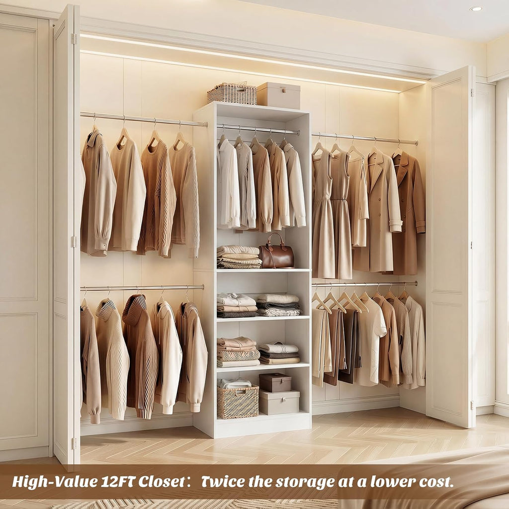 12FT Large Open Closet System, 138'' Wall-Mounted Closet Shelving with 5 Hanging Rods and 6 Shelves, Customizable
