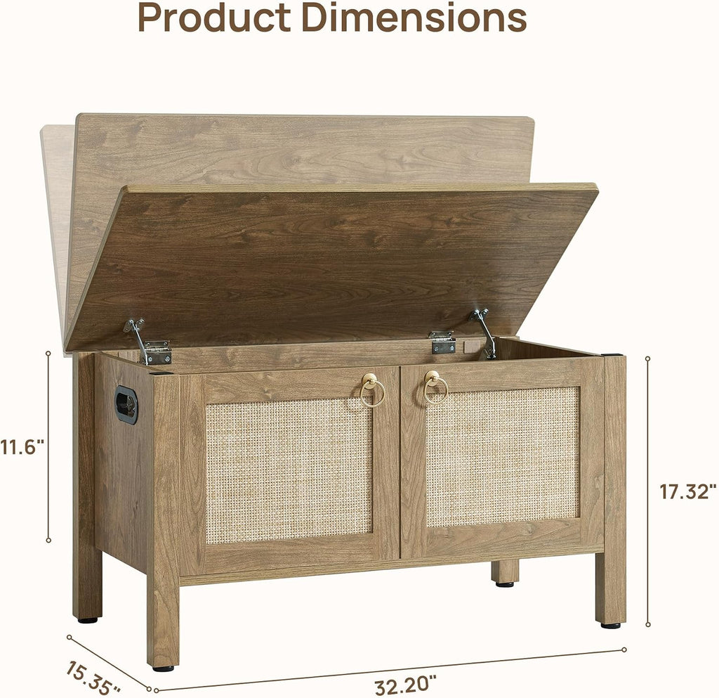 Rattan Storage Bench Boho Storage Chest with 2 Safety Hinges | Wood Storage Truck Box , Supports 220 lb