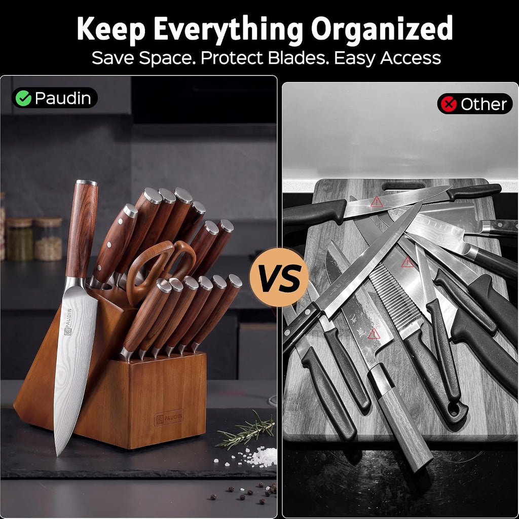 16-Piece Kitchen Knife Set with Block, Built-in Sharpener, Ultra Sharp 5Cr15Mov Stainless Steel Chef Knives, Natural