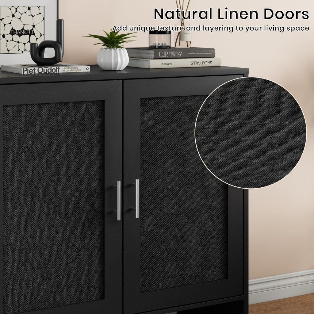 Buffet Storage Cabinet, Farmhouse Sideboard with Black Rattan Doors & Adjustable Shelf, 31.5" Narrow Coffee Bar