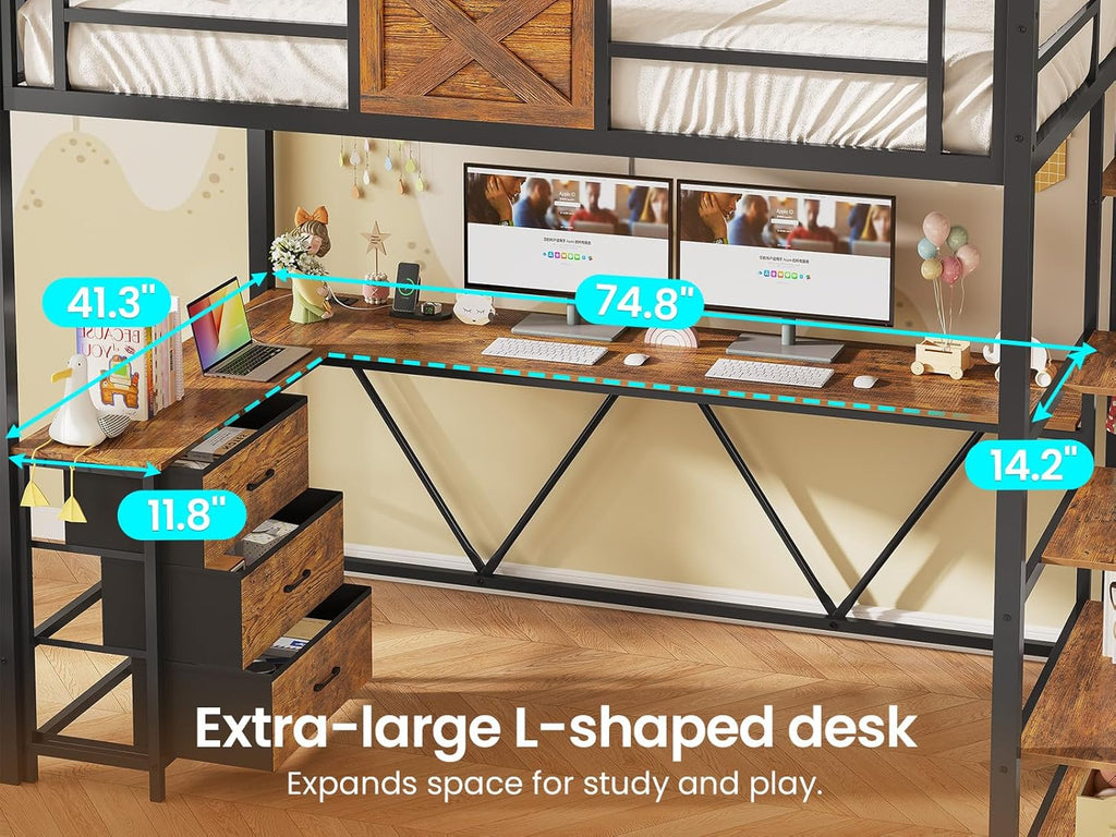 Stairway Twin Loft Bed with L Shaped Desk and Wardrobe, Metal Loft Bed Frame with Storage Stairs, 3 Fabric Drawers