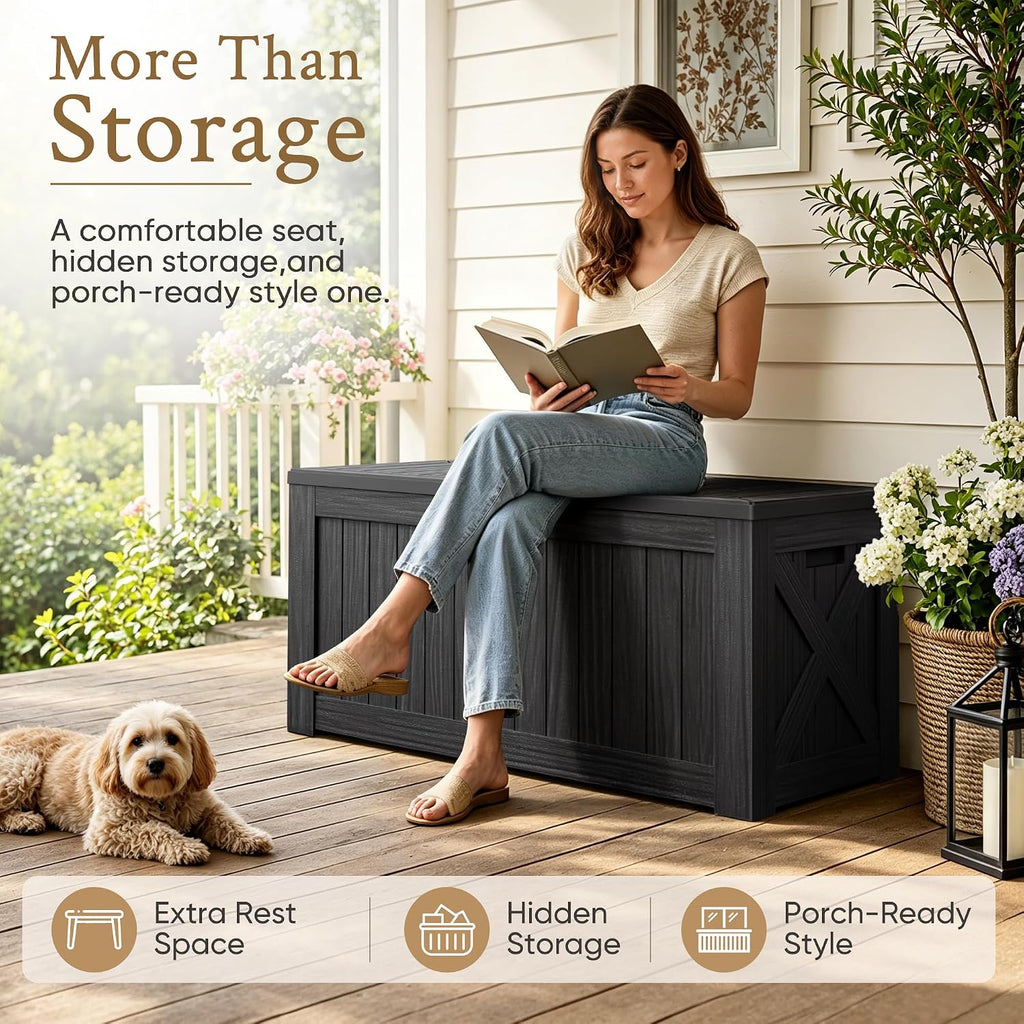 120 Gallon Deck Box Resin Outdoor Storage Box Waterproof | Large Outdoor Storage Bench Lockable for Outside Patio