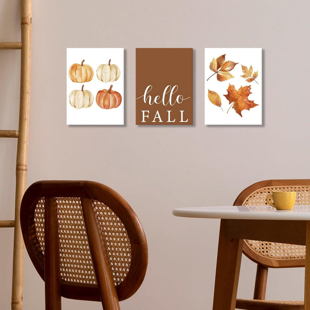 Vintage Fall Wall Art Set of 3, Rustic Farmhouse Seasonal with Hello Fall Sign Canvas Prints Painting, Thanksgiving