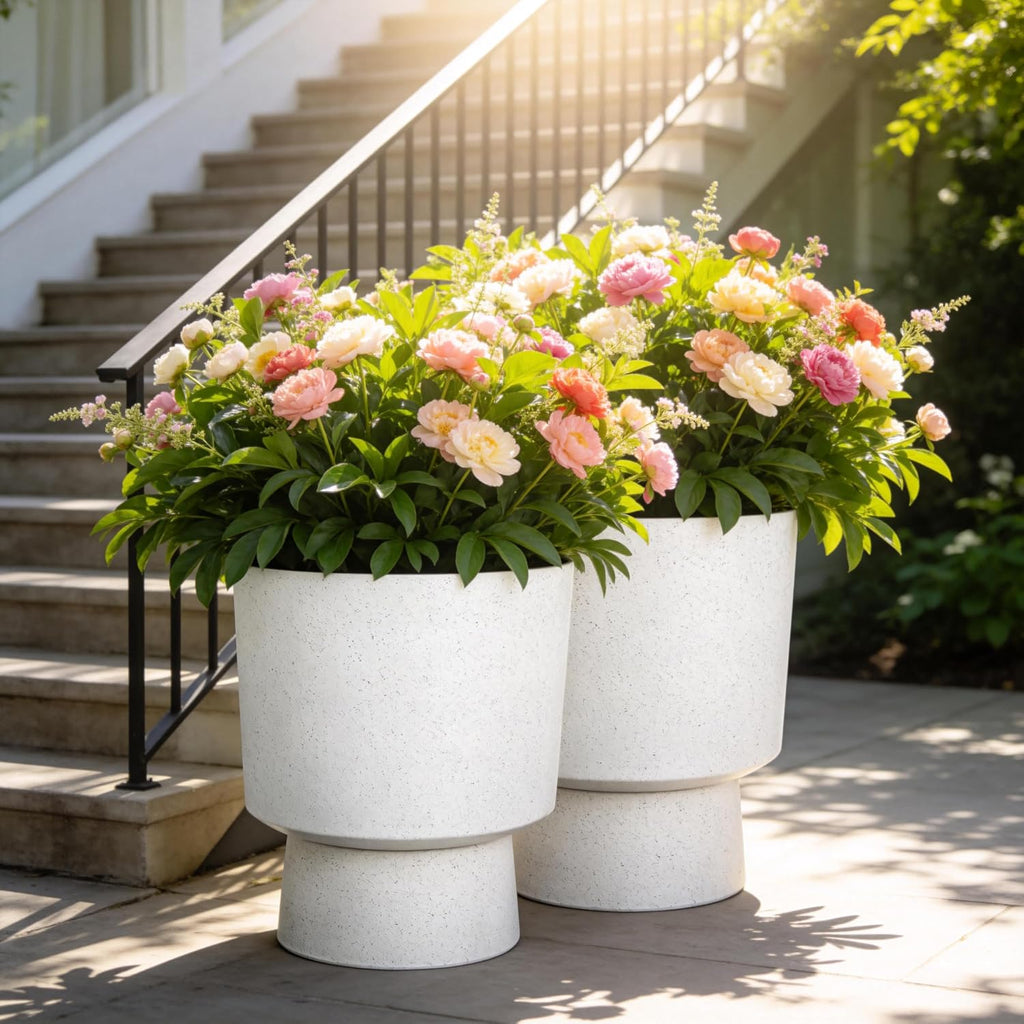 2-Pack 16.75" White Terrazzo Urn Planters with Detachable Bases | Set of 2 PP urn planters with white terrazzo