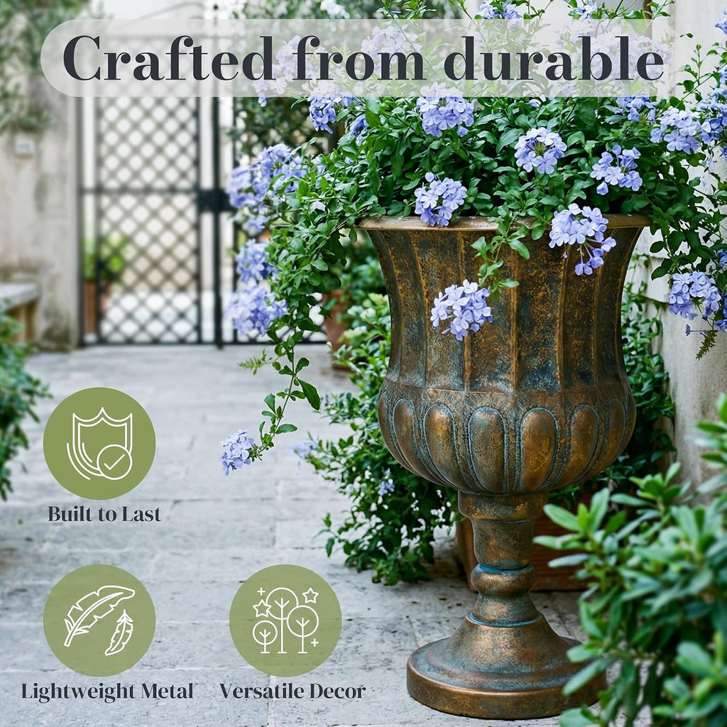 24.5" H. Metal Urn Planters 1-Pack - Bronze Classic Antique Iron Plant Pots - Large Decorative Rustic Flower Pots for