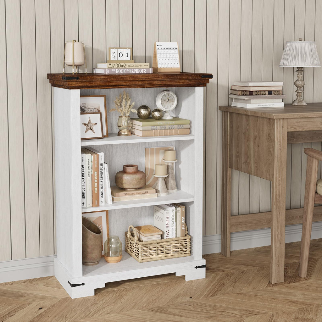 3-Tier Farmhouse Bookshelf for Students, Short Bookcase with Adjustable Shelf, 10.4" D x 26" W x 38" H, Small Wooden
