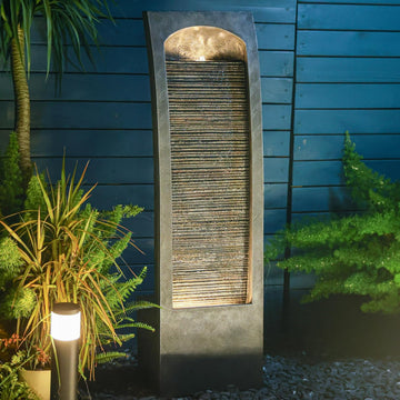 Modern Indoor Water Fountain Curved Faux Slate Waterfall Fountain with LED Lighting, 42.5-Inch Tall Tiered Waterfall