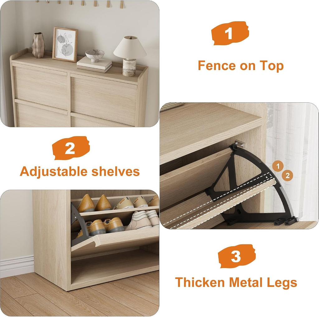 Shoe Cabinet, 6 Flip Drawers, Narrow Freestanding Shoe Organizer with Adjustable and Removable Shelves, Modern Wooden