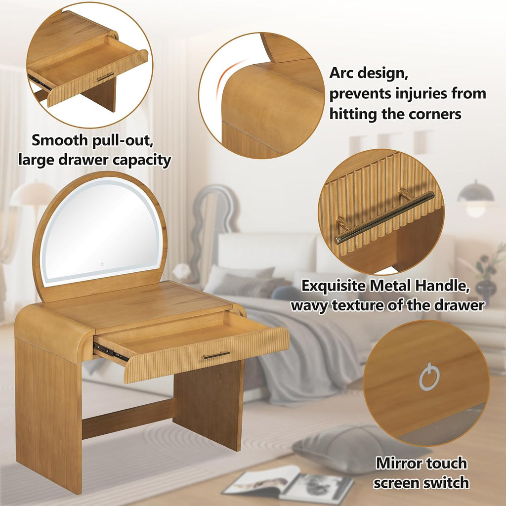 39" Makeup Vanity Table with Touch Screen Lighted Mirror, Rubber Wood Dressing Table with Large Drawer Living Room