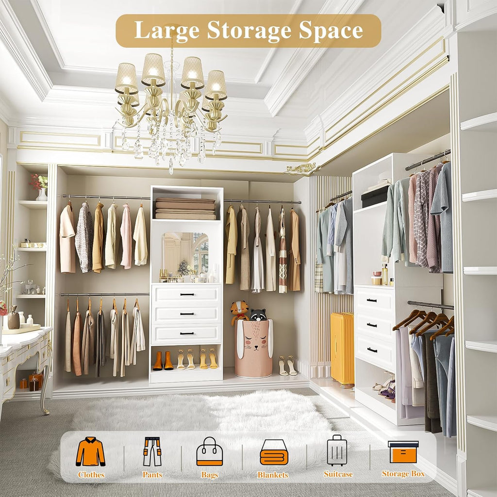 48" W - 96" W Closet System with Mirror, 8FT Walk in Closet Organizer Kits with Drawers and 3 Extendable Hanging Rod