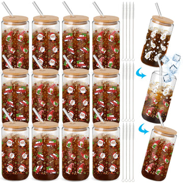 12 Pcs Christmas Color Changing Cups with Lids and Straws 16 oz Christmas Glass Tumblers Xmas Iced Coffee Cup Can