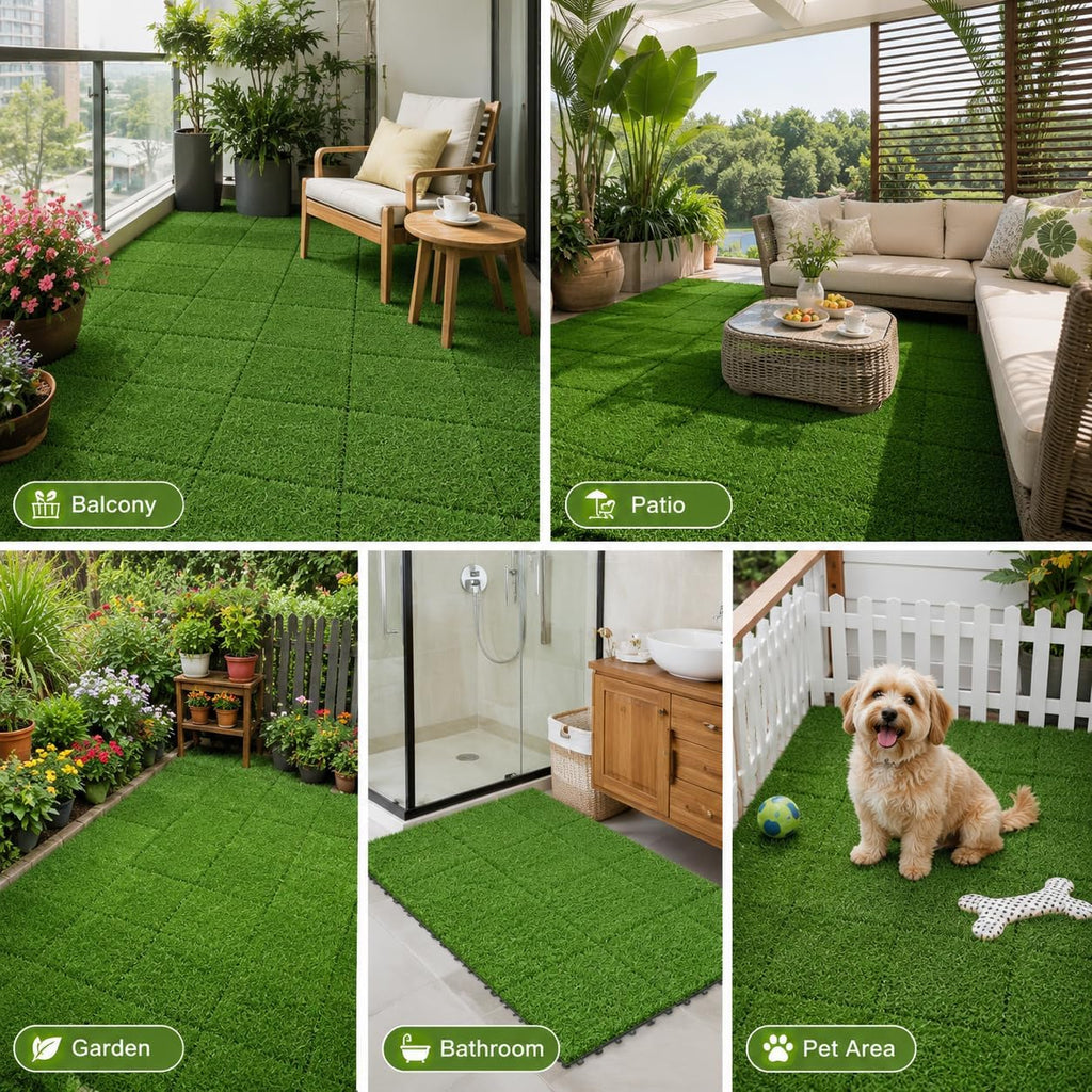 Artificial Grass Interlocking Deck Tiles 9 Pack 12"x12" Fake Turf Grass Outdoor Tiles with Drainage Holes Waterproof