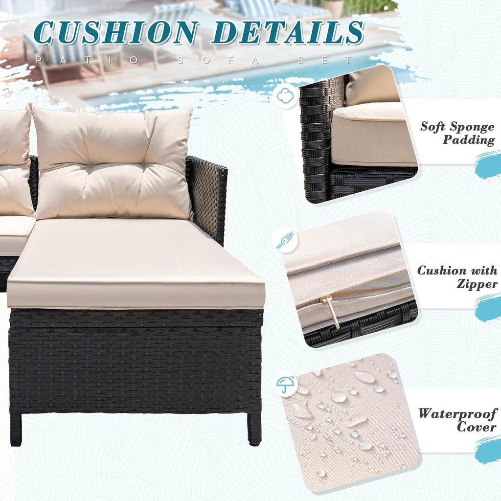 3 Piece Patio Furniture Set Outdoor Wicker Rattan Sectional Sofa with Cushions & Coffee Table for Yard, Garden
