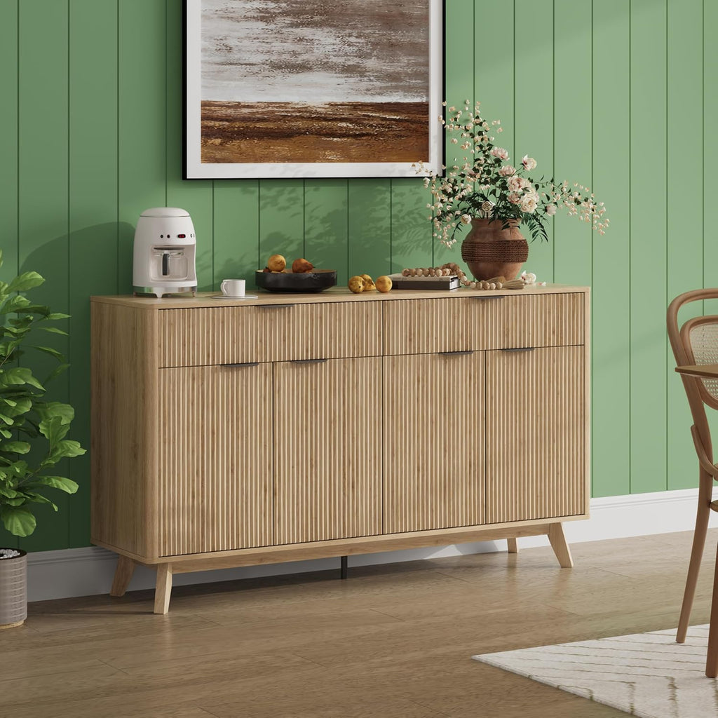 Buffet Sideboard, 60'' Sideboard Cabinet with 2 Drawers and 4 Wave Doors, Sideboard with Adjustable Shelves, Light Oak