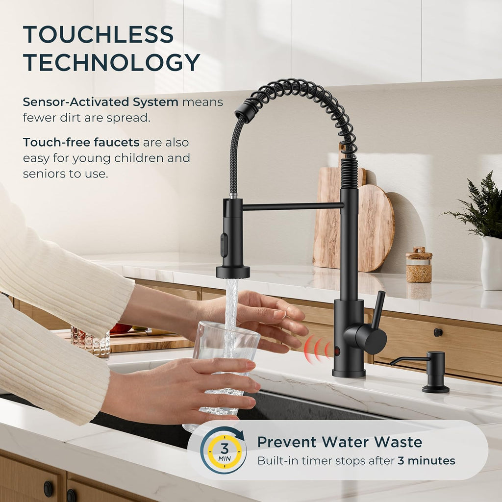 Touchless Kitchen Faucet with Soap Dispenser, Matte Black | Motion Sensor Activated, Hands-Free Pull Down Pot Filler