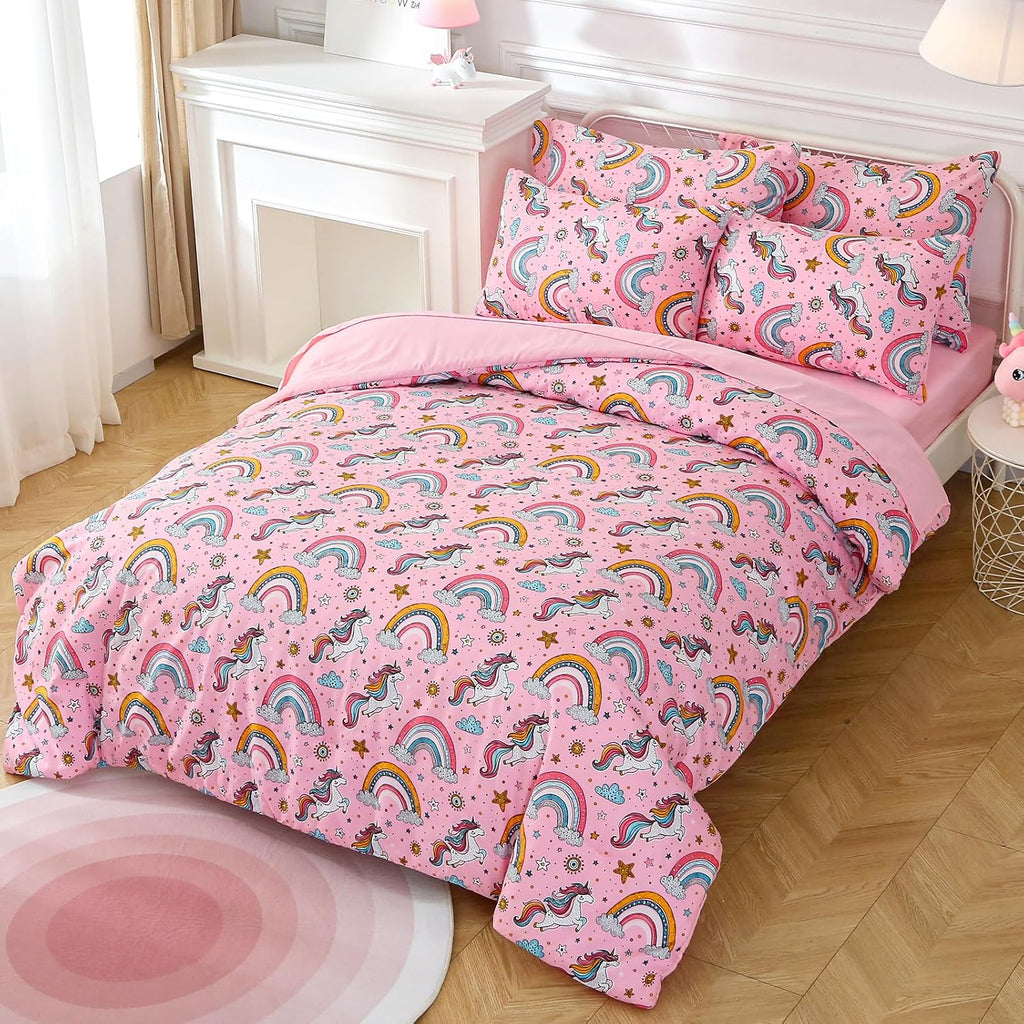 Glow in The Dark Kids Comforter Set, 3 Pieces Pink Unicorn Bedding Set for Boys Girls Teen, 1 Comforter, 1