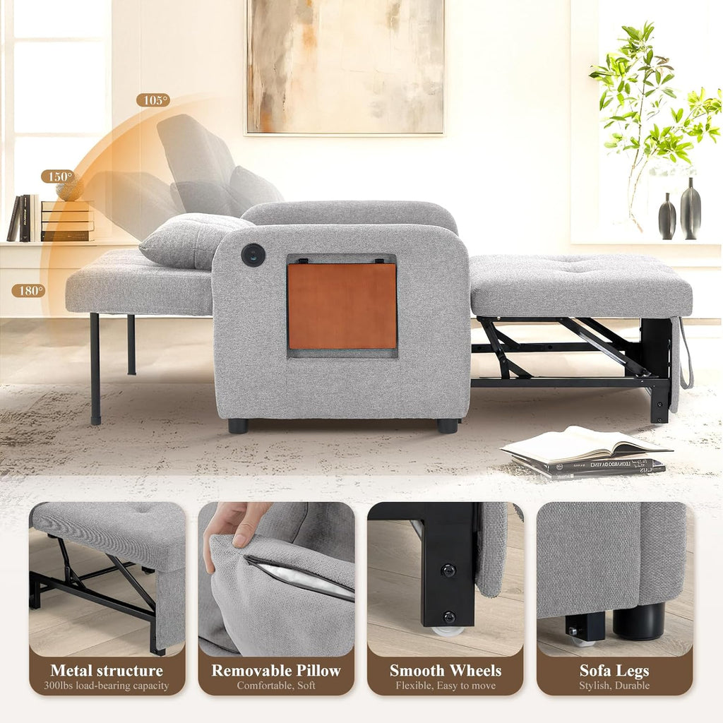 Convertible Sleeper Chair-Fabric Futon Sofa Bed, Single Sleeper Sofa, Small Couch Bed with USB Port, Foldable Table