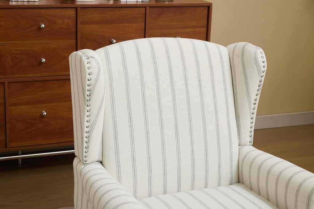 Striped Wingback Accent Chair with Wood Legs, Upholstered Armchair | Striped wingback accent chair with foam