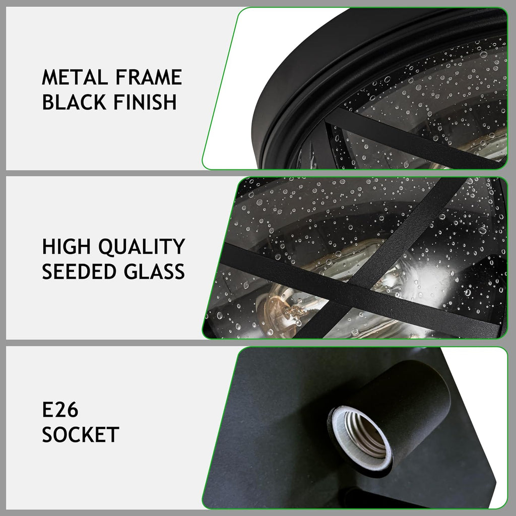 Flush Mount Ceiling Light Fixture Black, 2-Light Modern Farmhouse Porch Light Ceiling Mount for Outdoor