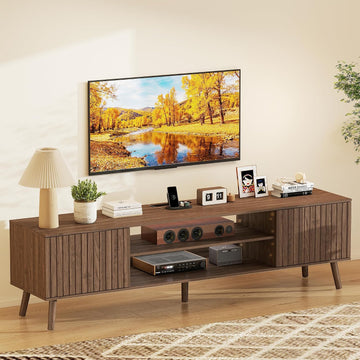TV Stand for 75 inch TVs, Mid Century Modern Entertainment Center with Power Outlet,Fluted Media Console with Open