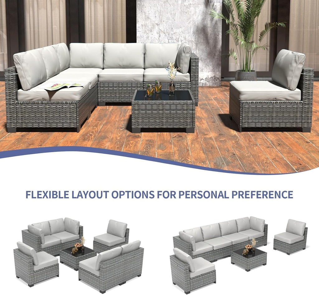 Patio Furniture Set, 7-Piece Outdoor Couches , Wicker Sectional Sofa with Coffee Table & Cushions