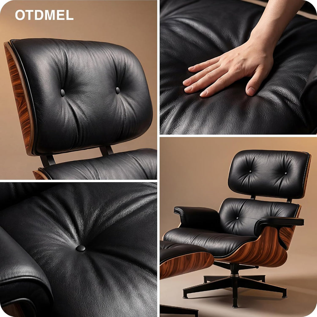 Mid-Century Modern Lounge Chair & Ottoman — Black Top-Grain Leather, Rosewood Base, Extended Chaise
