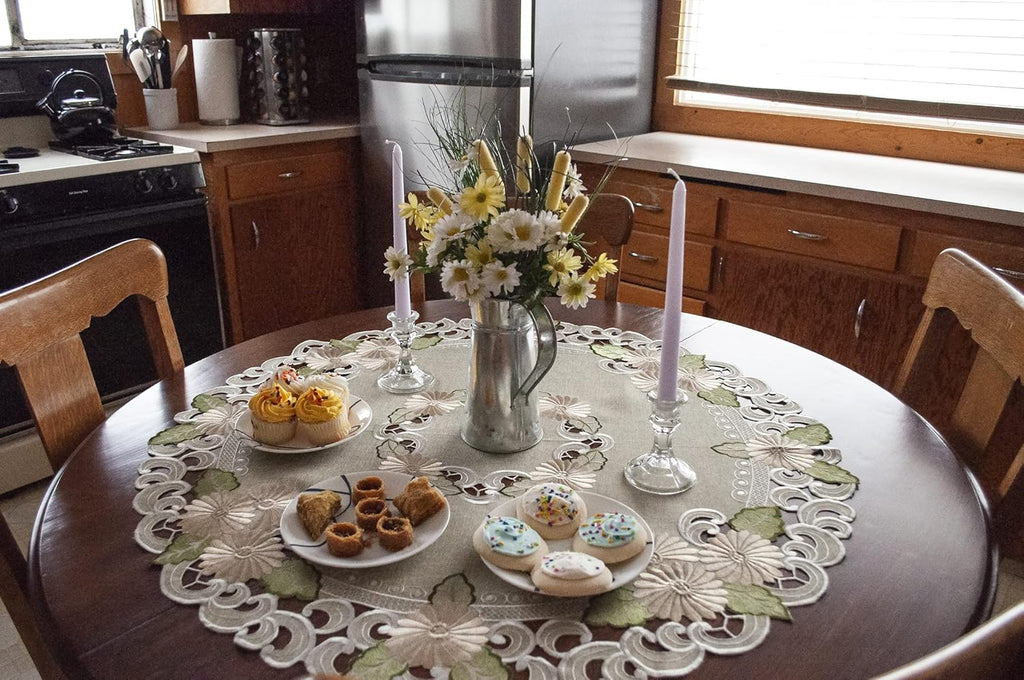 Embroidered Table Topper Gold Daisy Fleur Latte Small Tablecloth Doily (33 Inch Round)