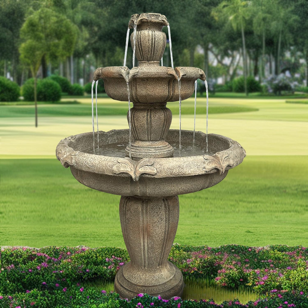 48” H Outdoor Floor Water Fountain, 3-Tiers Concrete Water Fountain with Submersible Electric Pump