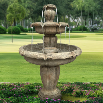 48” H Outdoor Floor Water Fountain, 3-Tiers Concrete Water Fountain with Submersible Electric Pump