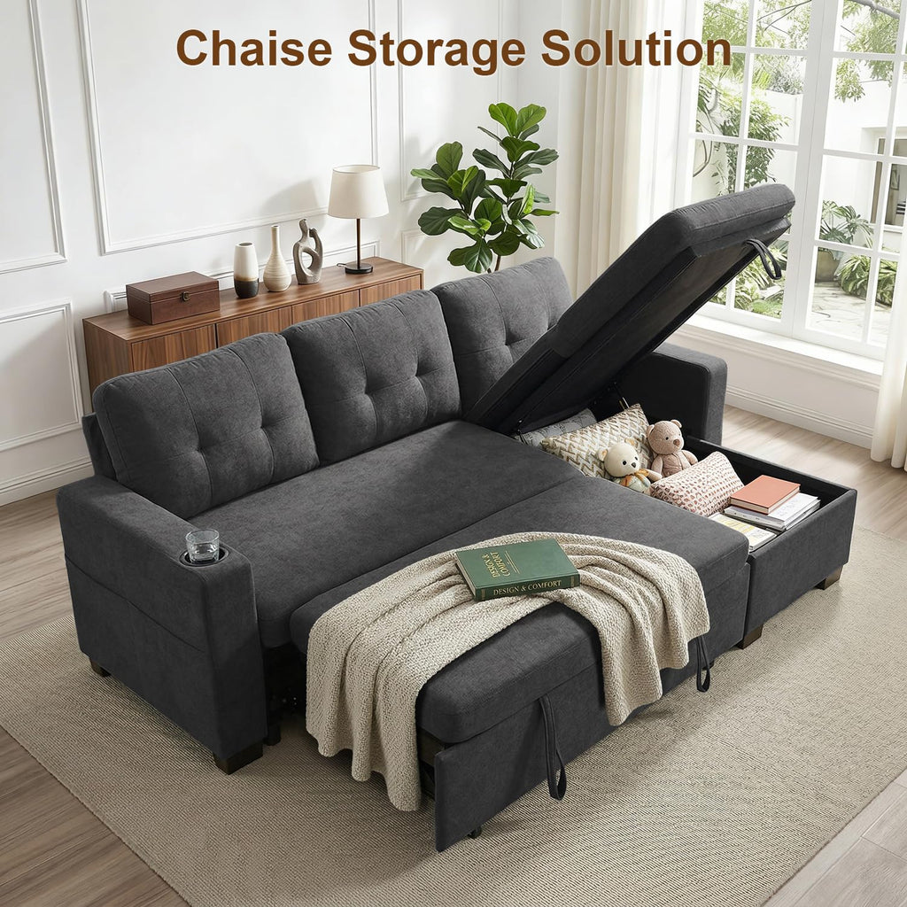 82" L Shaped Sleeper Sofa Bed, Pull Out Sectional Couch with Storage Chaise/Reclining Backrest, Sectional Couches