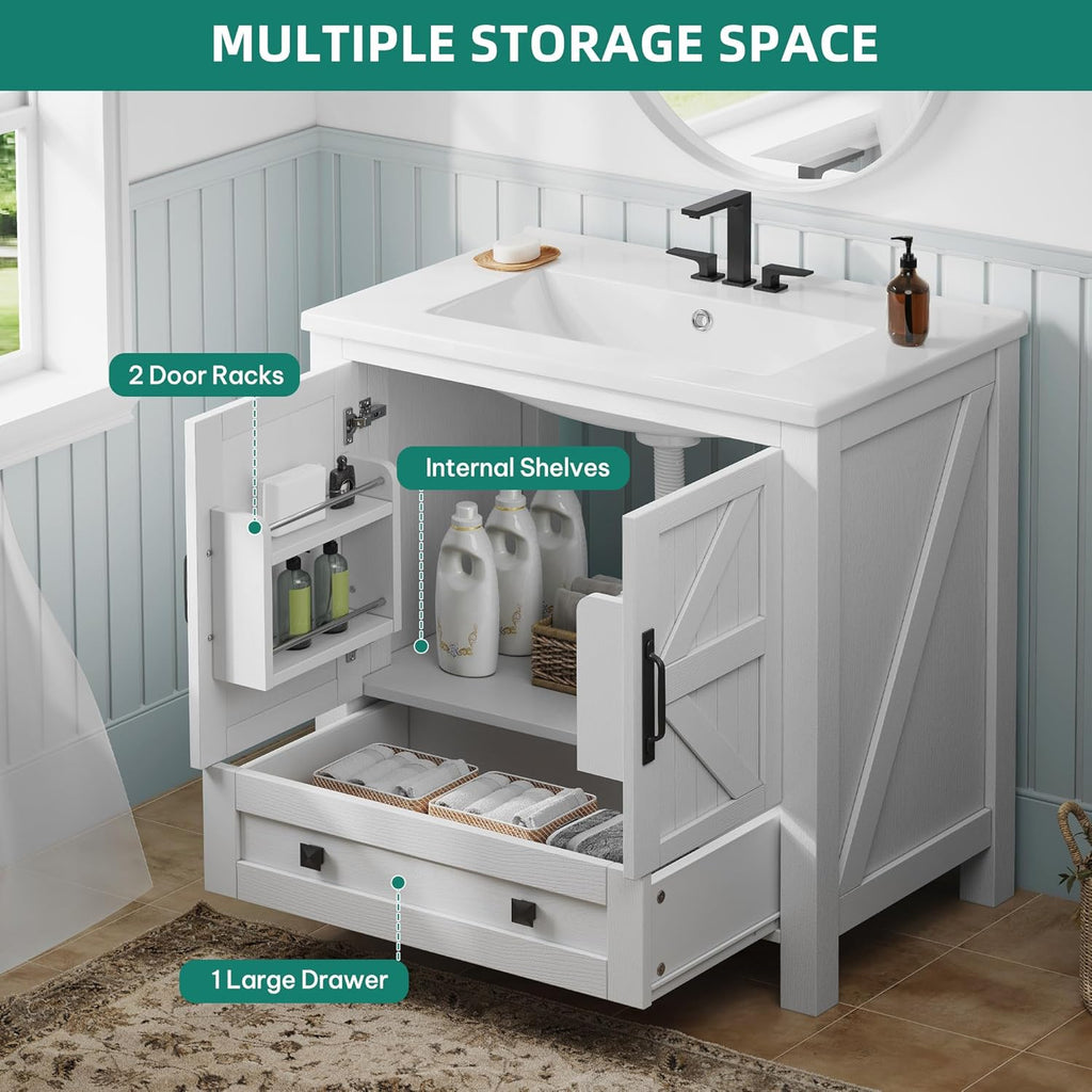 30" Farmhouse Bathroom Vanity with Sink Combo, Small Space Bathroom Storage Cabinet with Large Drawer, 2 Soft-Closing Wood Barn Doors with Built-in Shelves, White