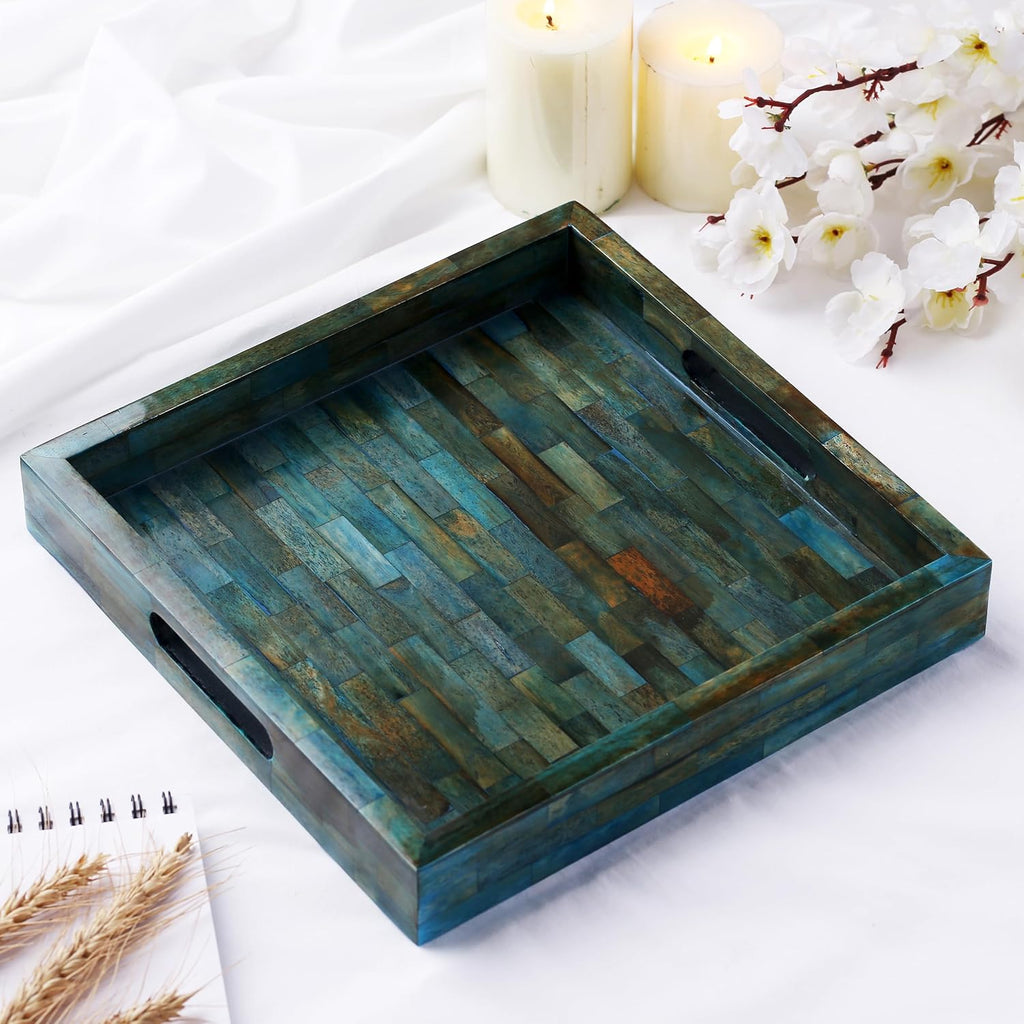Verdigris Covered Inspired Decorative Tray - 12x12 Ottoman Tray, Multipurpose Bone Inlay Serving Tray Dining