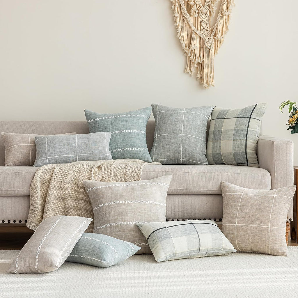 Rustic Lattice Cotton Linen Decorative Throw Pillow Cover Embroidery Square Cushion Cover Pillowcase, 20"x20")
