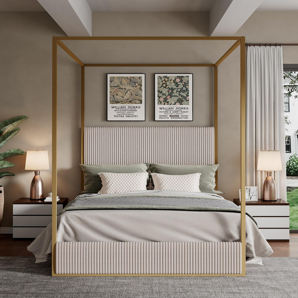 Luxury Queen Metal Canopy Bed with Tall Upholstered Headboard, Beige