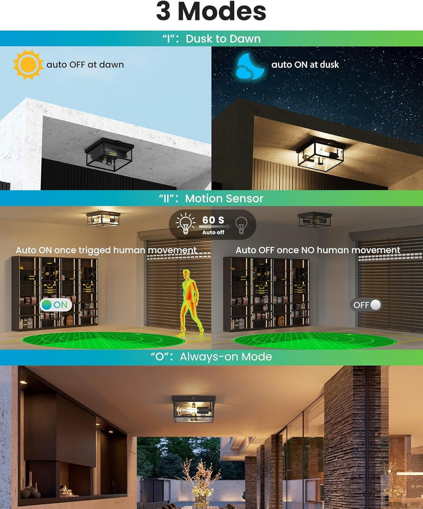 Outdoor Ceiling Light with Motion Sensor 12'', Flush Mount Porch Light, Exterior Light Fixture with Clear Glass