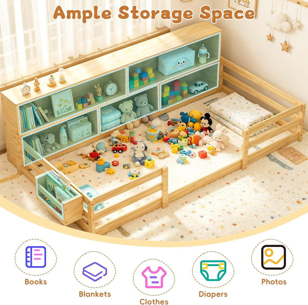 Twin Floor Bed for Kids, Wooden Montessori Bed Frame with Bookcase, Bedside Storage Shelves & Guardrails, Versatile