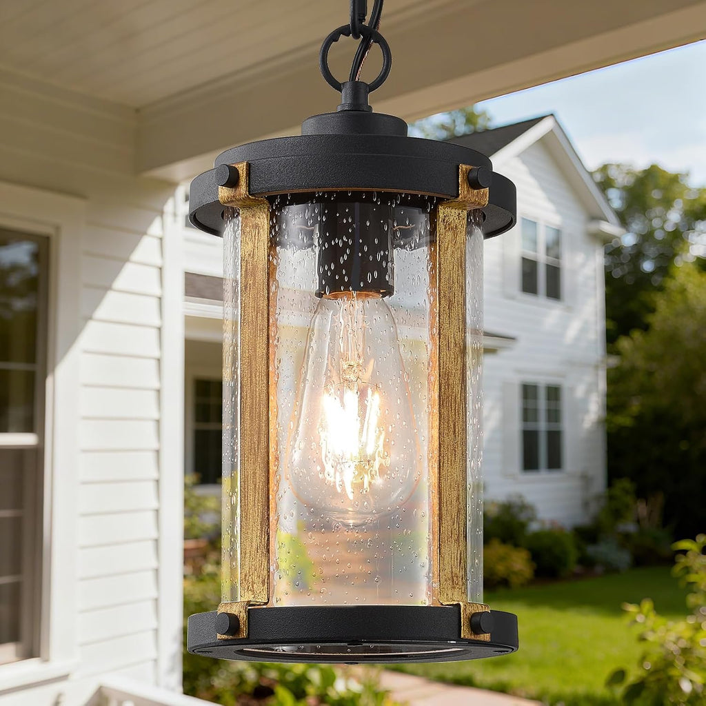 Outdoor Pendant Light for Porch, Black Farmhouse Wood Grain Finish Outdoor Chandelier with Clear Seeded Glass